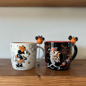 Disney Minnie & Mickey Mouse Halloween Mugs with Pumpkin Stir Sticks NEW